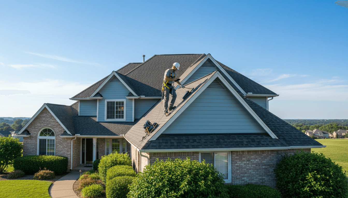 Professional roofing contractor performing residential roof inspection while safely harnessed on pitched roof structure
