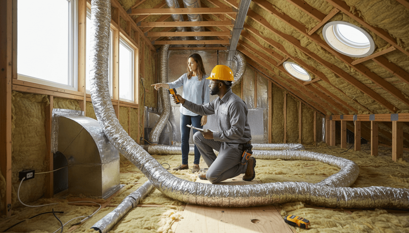 Certified home energy inspector examining attic ductwork and insulation while homeowner observes during HVAC evaluation